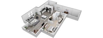 A 3D rendered image of a modern house interior.